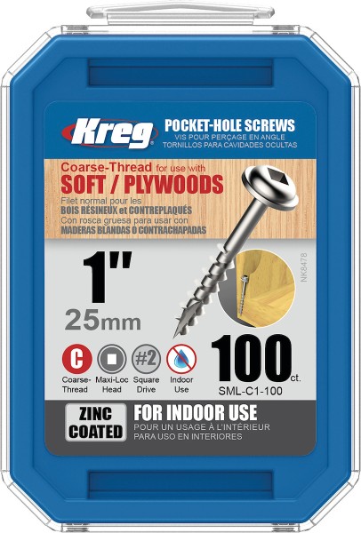 Kreg Pocket-Hole Schrauben 25 mm, Verzinkt, Maxi-Loc, Grobgewinde, 100 Stück
